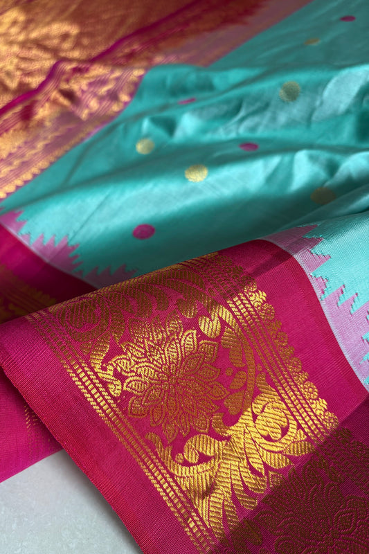 Handwoven Gadwal Pure Silk Saree- Aquamarine