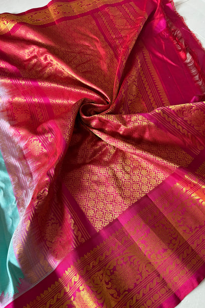 Handwoven Gadwal Pure Silk Saree- Aquamarine