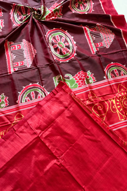 Exclusive Odisha Ikkat Khandua Pure Silk Konark Saree- Dual tone Maroon