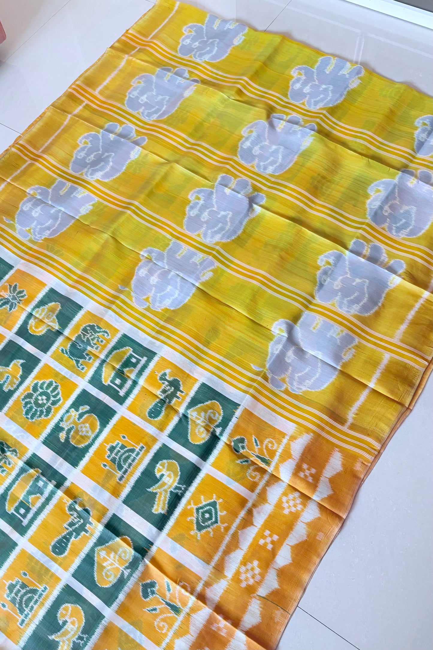 Exclusive Odisha Ikkat Nabakothi Pure Silk Saree- Pastel Yellow & Green
