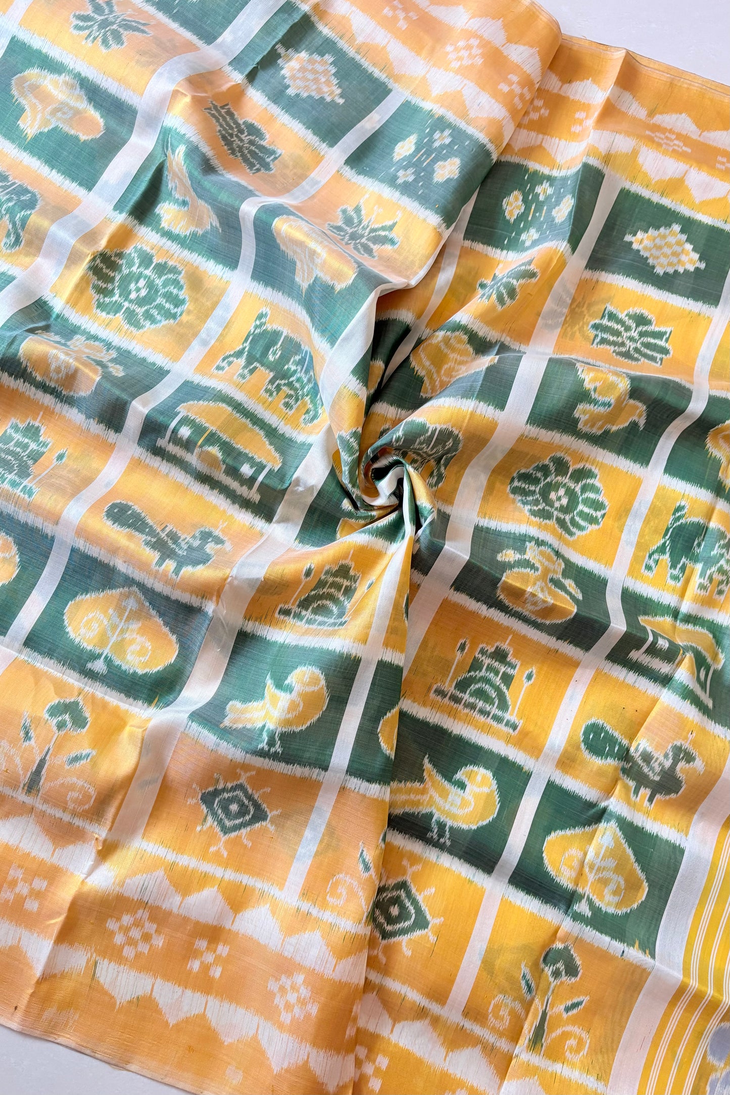 Exclusive Odisha Ikkat Nabakothi Pure Silk Saree- Pastel Yellow & Green