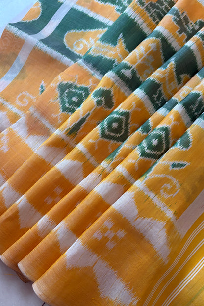 Exclusive Odisha Ikkat Nabakothi Pure Silk Saree- Pastel Yellow & Green