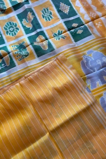 Exclusive Odisha Ikkat Nabakothi Pure Silk Saree- Pastel Yellow & Green