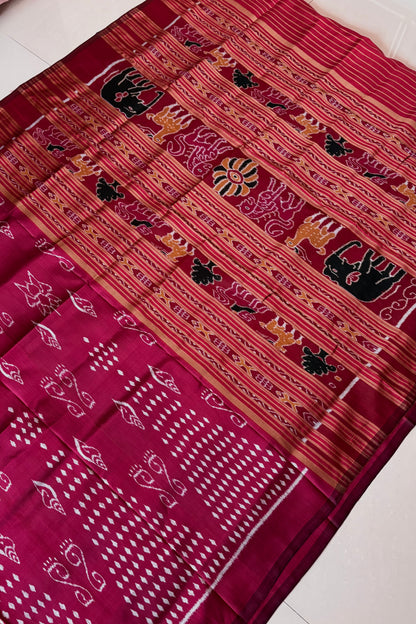 Exclusive Odisha Ikkat Khandua Pure Silk Saree- Raspberry Pink