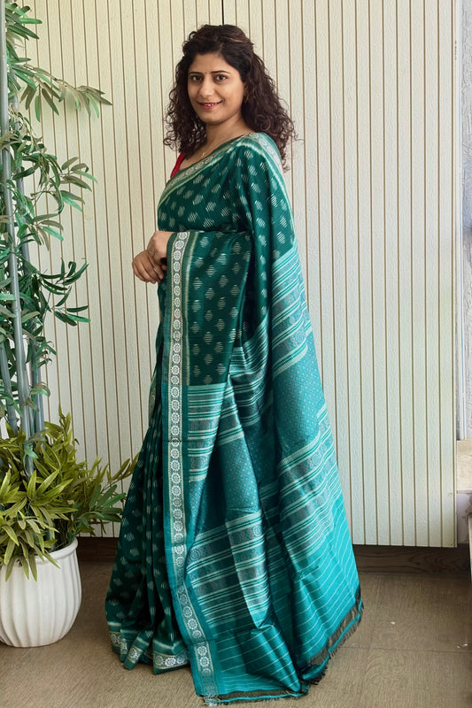 Exclusive Odisha Ikkat Jalla Work Pure Silk Saree - Rama Green