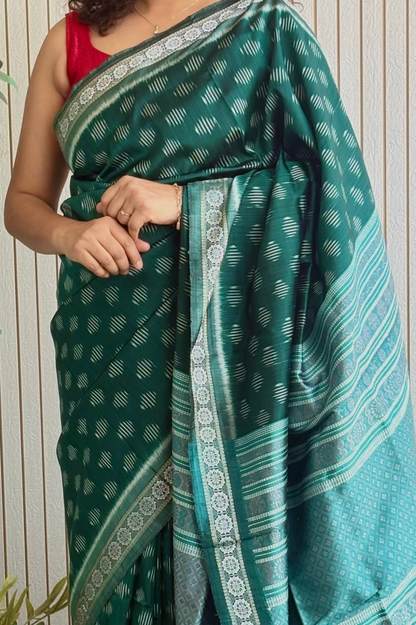Exclusive Odisha Ikkat Jalla Work Pure Silk Saree - Rama Green