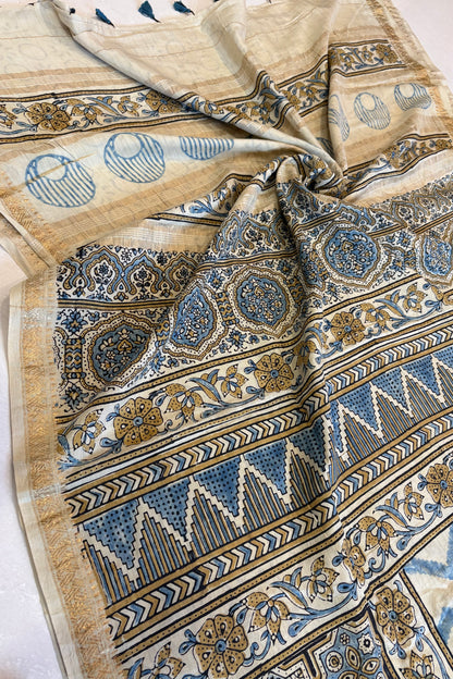 Ajrakh mulberry Natural Dye Hand Block Print Saree- Beige
