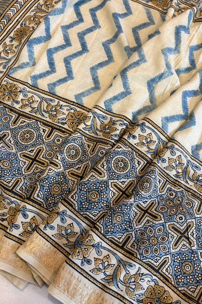 Ajrakh mulberry Natural Dye Hand Block Print Saree- Beige