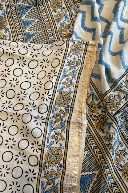 Ajrakh mulberry Natural Dye Hand Block Print Saree- Beige