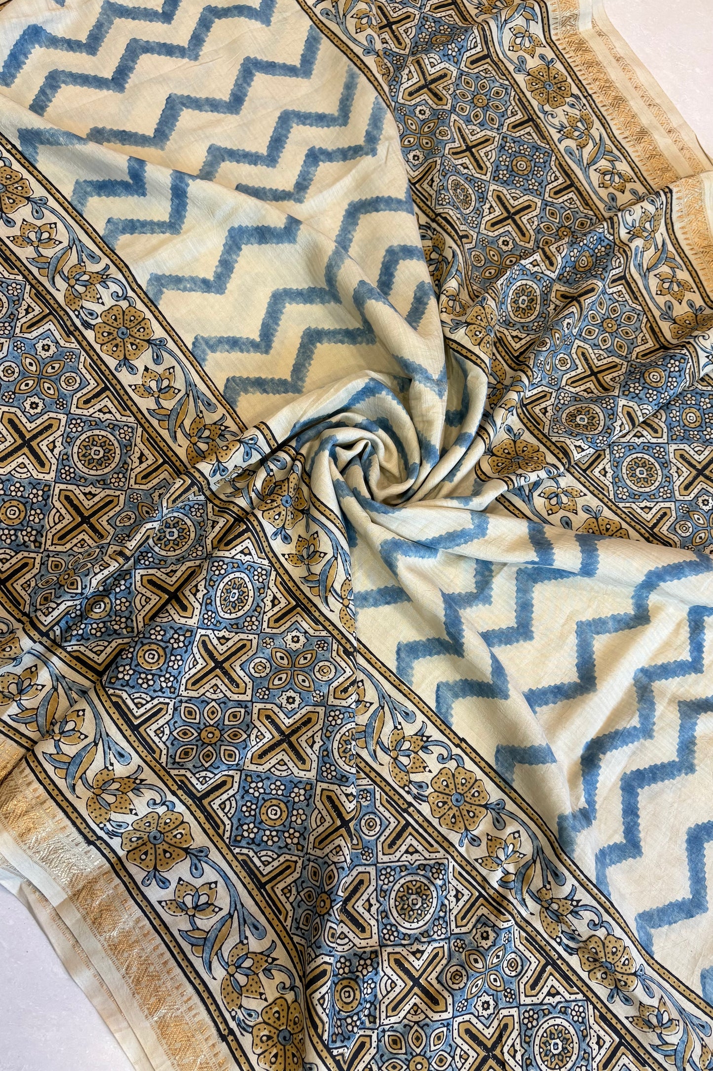 Ajrakh mulberry Natural Dye Hand Block Print Saree- Beige