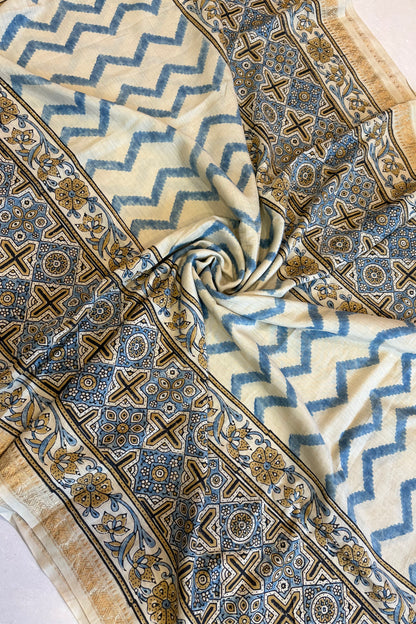 Ajrakh mulberry Natural Dye Hand Block Print Saree- Beige