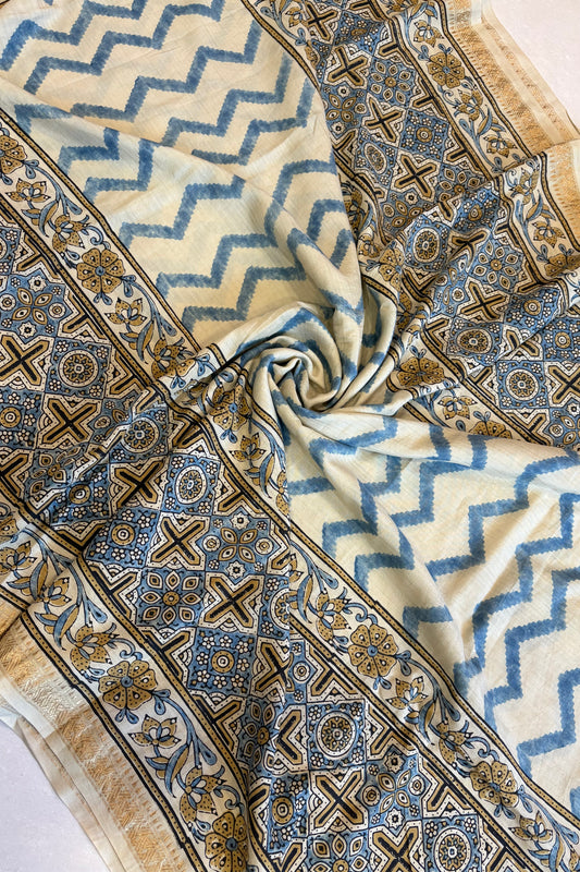 Ajrakh mulberry Natural Dye Hand Block Print Saree- Beige