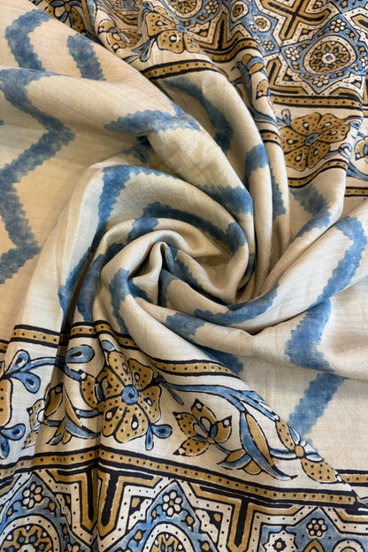 Ajrakh mulberry Natural Dye Hand Block Print Saree- Beige