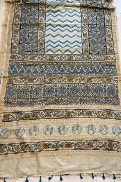 Ajrakh mulberry Natural Dye Hand Block Print Saree- Beige
