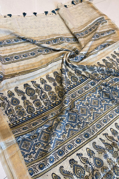 Ajrakh Mulberry Natural Dye Hand Block Print Saree - Beige