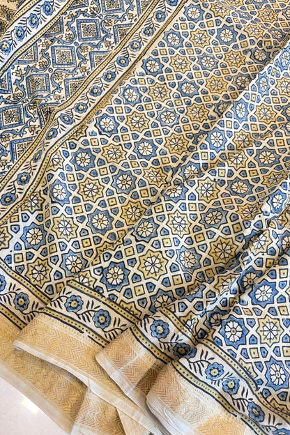 Ajrakh Mulberry Natural Dye Hand Block Print Saree - Beige