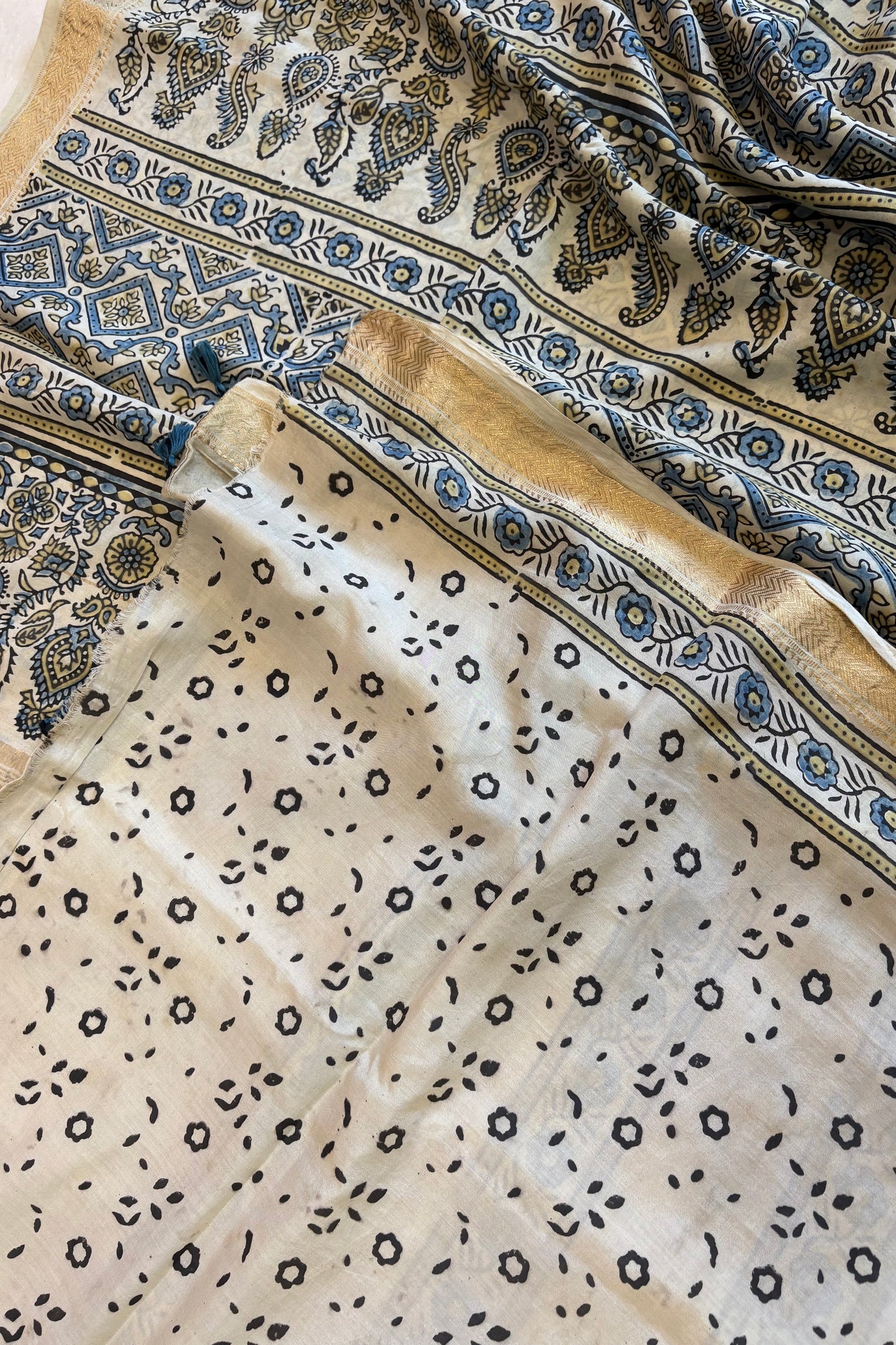 Ajrakh Mulberry Natural Dye Hand Block Print Saree - Beige