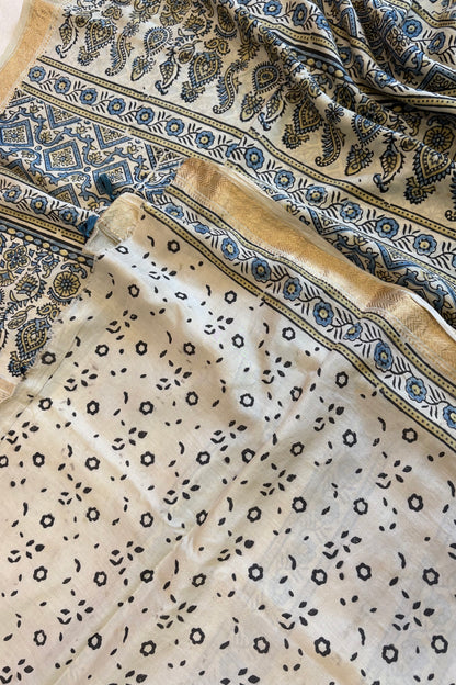 Ajrakh Mulberry Natural Dye Hand Block Print Saree - Beige