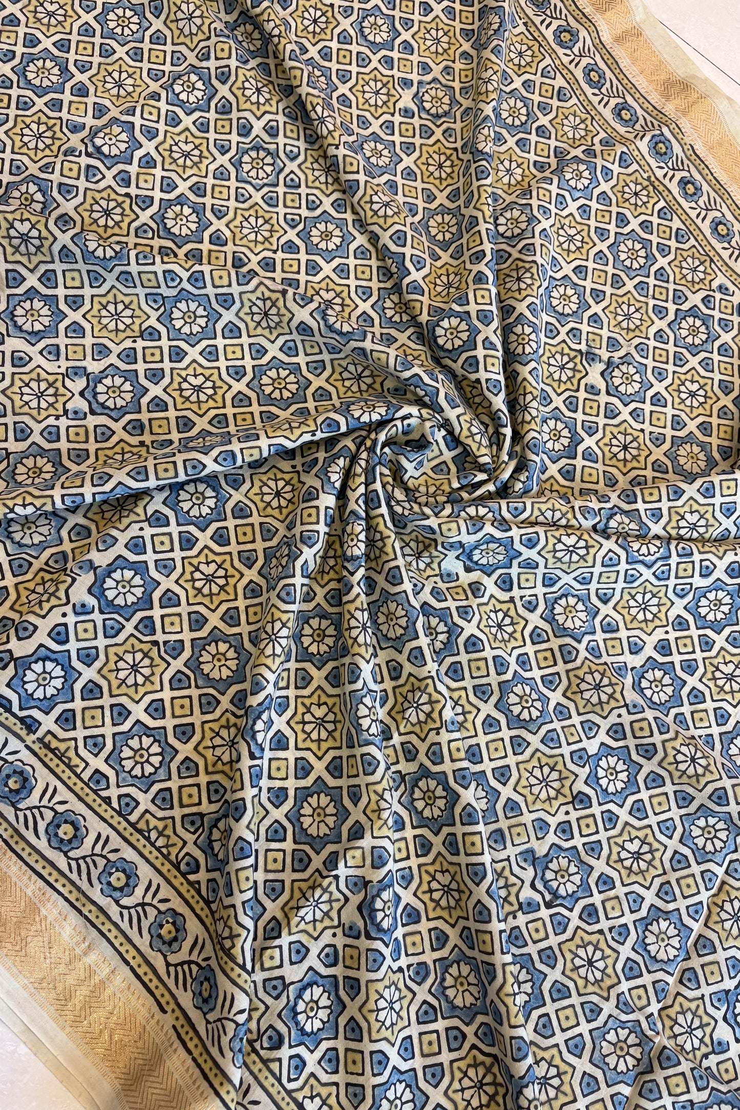 Ajrakh Mulberry Natural Dye Hand Block Print Saree - Beige