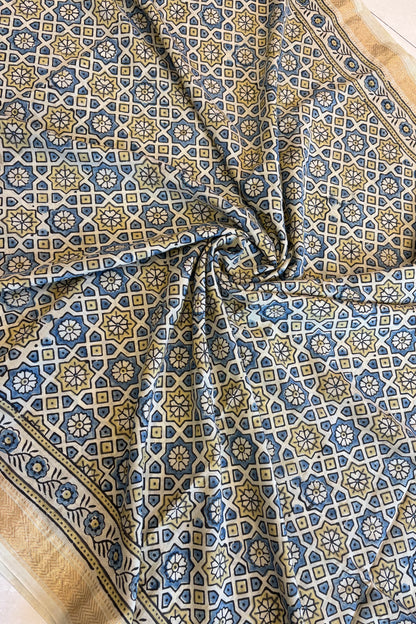 Ajrakh Mulberry Natural Dye Hand Block Print Saree - Beige