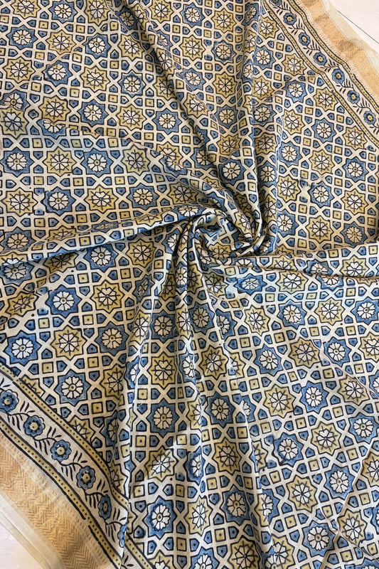 Ajrakh Mulberry Natural Dye Hand Block Print Saree - Beige