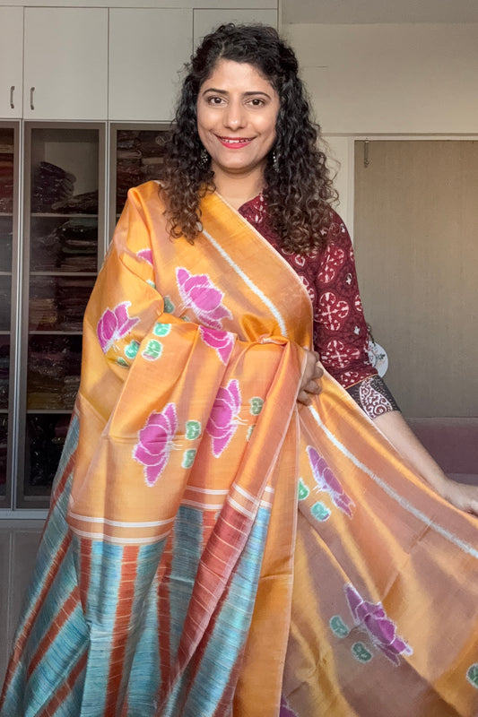 Exclusive Odisha Ikkat Pure Silk Saree- Shot Orange