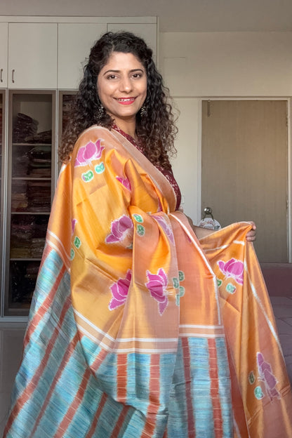 Exclusive Odisha Ikkat Pure Silk Saree- Shot Orange