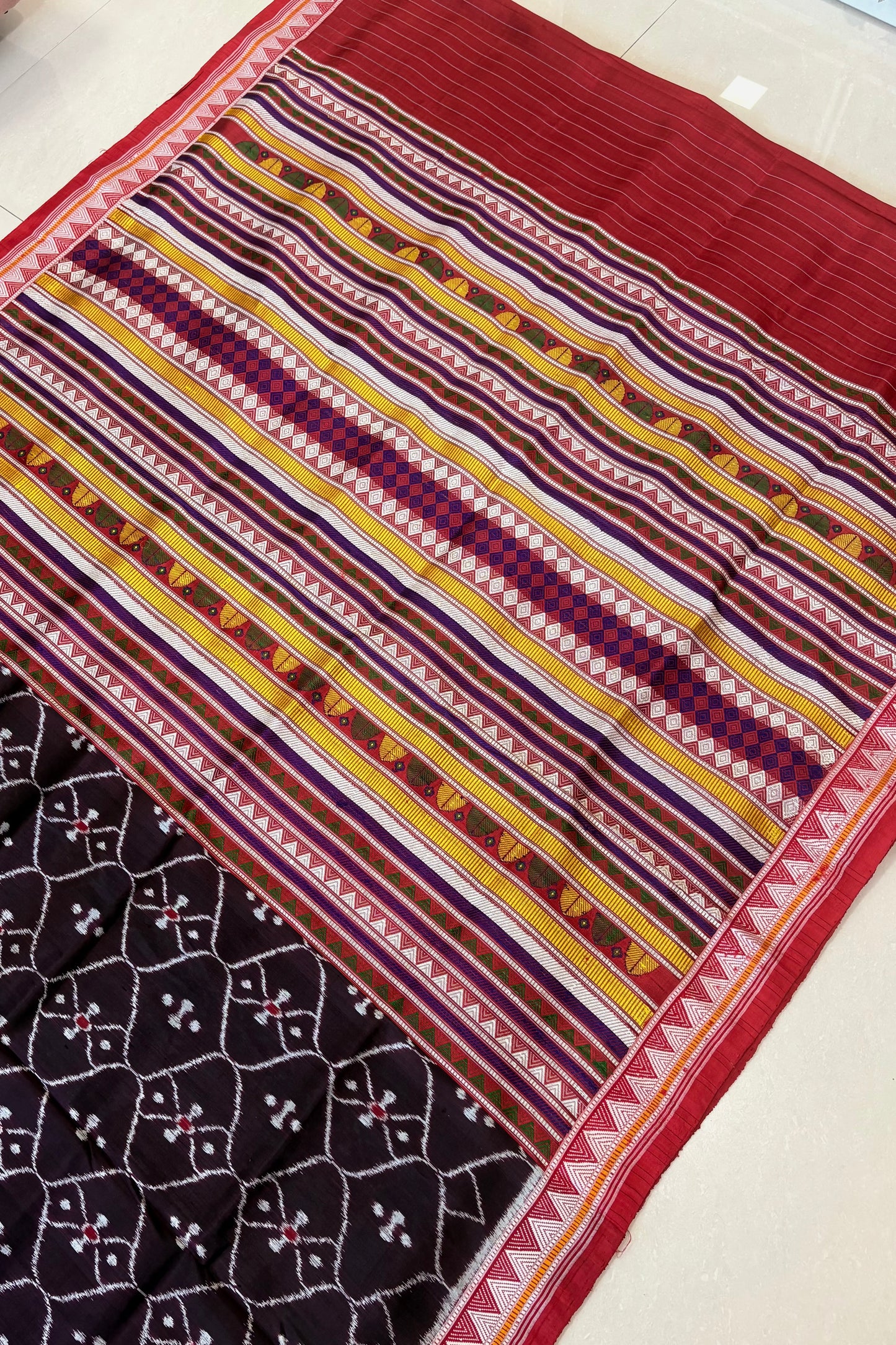 Exclusive Ikkat Dongria Pure Silk Saree- Deep Coffee