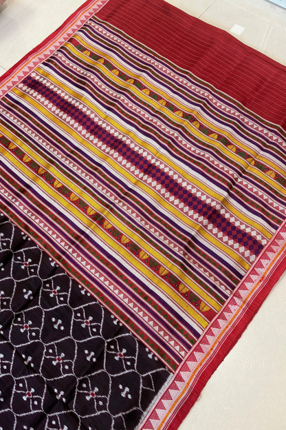 Exclusive Ikkat Dongria Pure Silk Saree- Deep Coffee