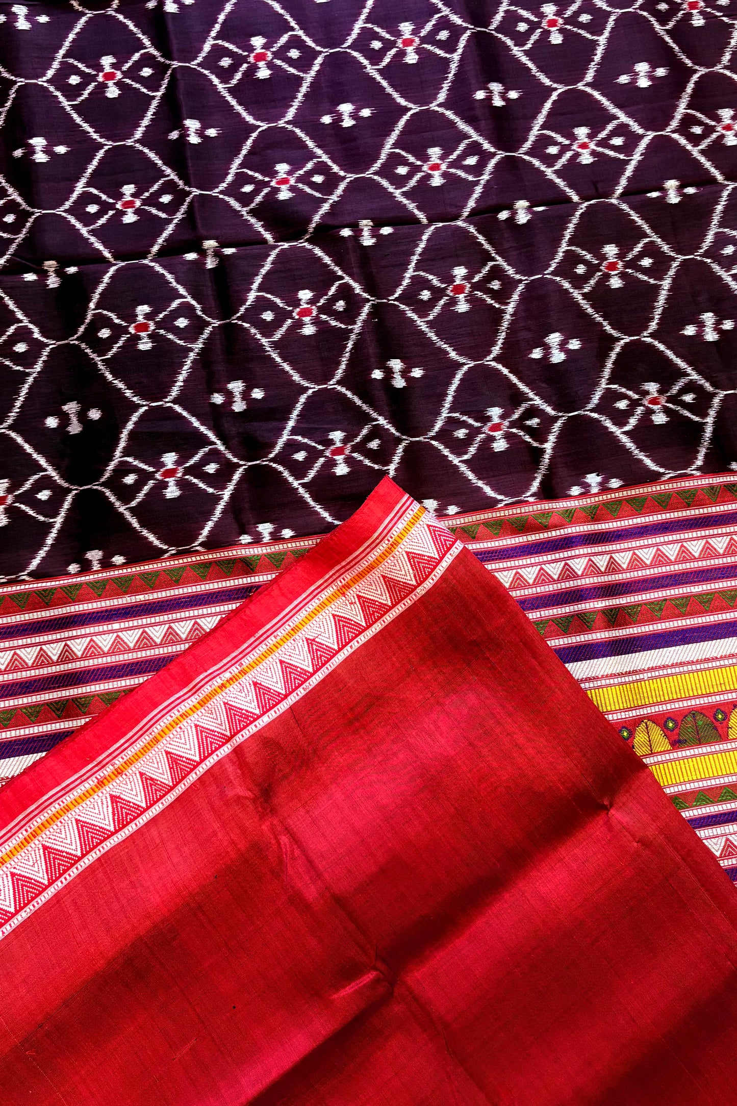 Exclusive Ikkat Dongria Pure Silk Saree- Deep Coffee