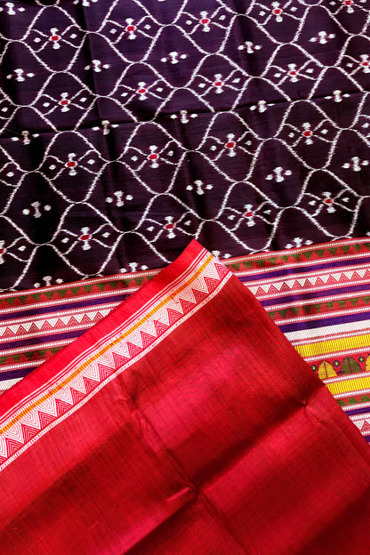 Exclusive Ikkat Dongria Pure Silk Saree- Deep Coffee