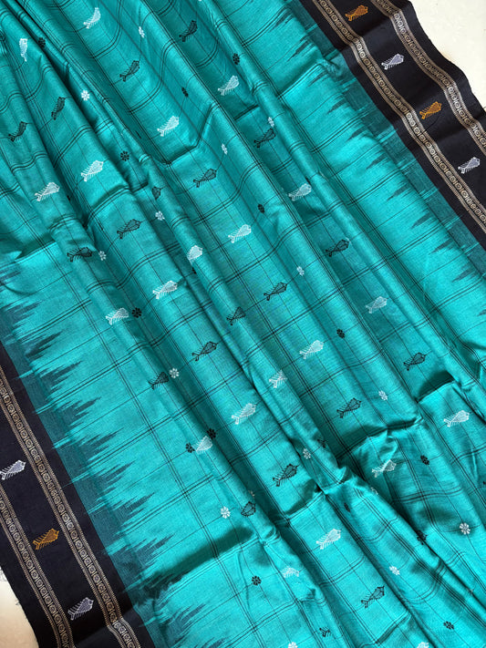 Exclusive Odisha Ikkat Hazaar Buti Cotton Saree- Sea Green