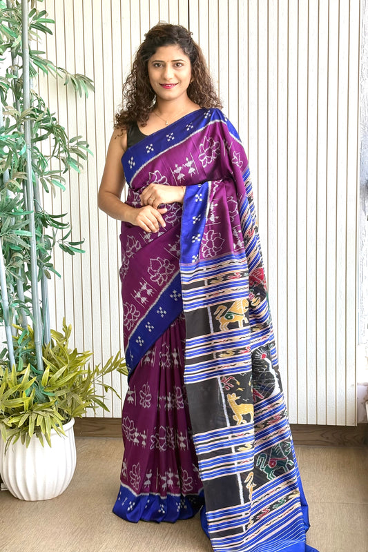 Exclusive Khandua Ikkat Silk Saree - Aubergine