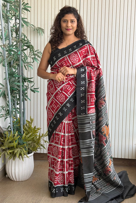Exclusive Odisha Ikkat Khandua Pure Silk Saree- Red