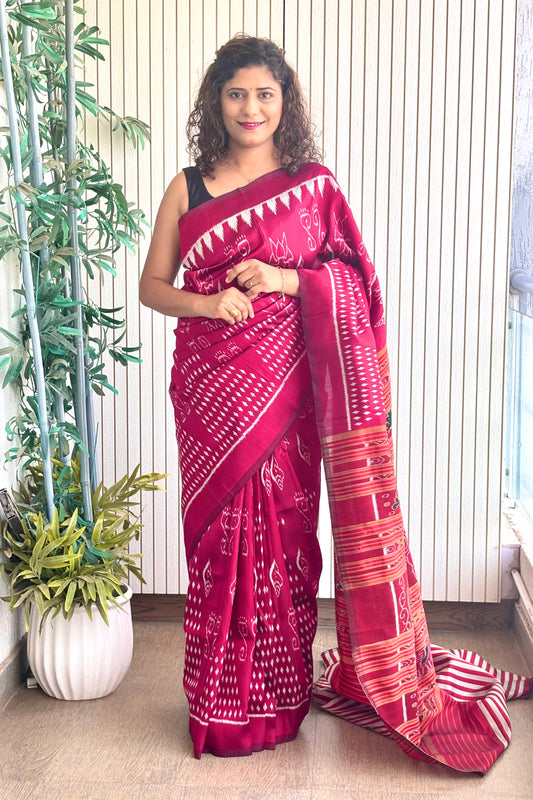 Exclusive Odisha Ikkat Khandua Pure Silk Saree- Raspberry Pink