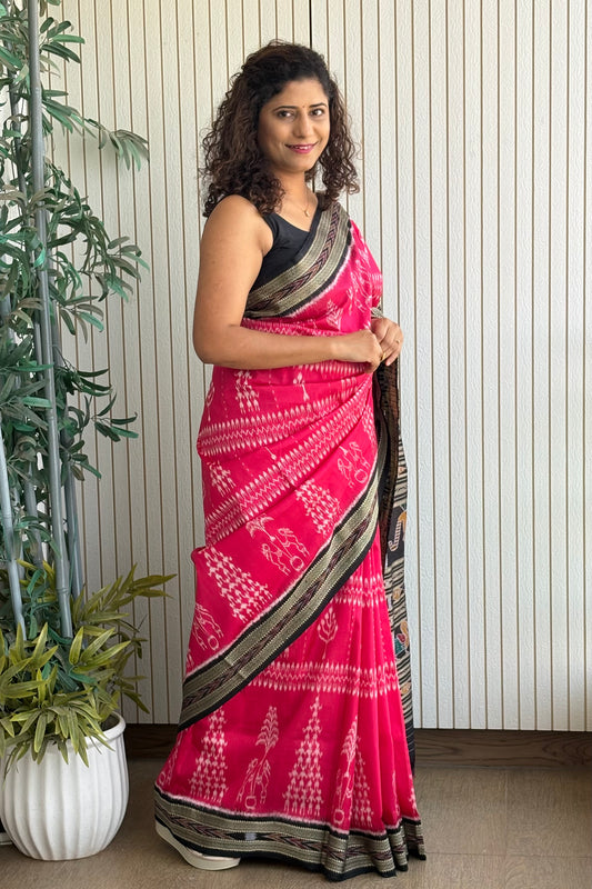 Exclusive Odisha Ikkat Pure Silk Saree- Bright Pink