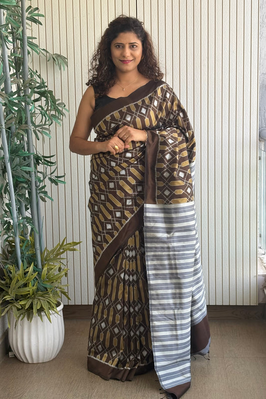 Exclusive Odisha Ikkat Pure Silk Saree- Dark Olive