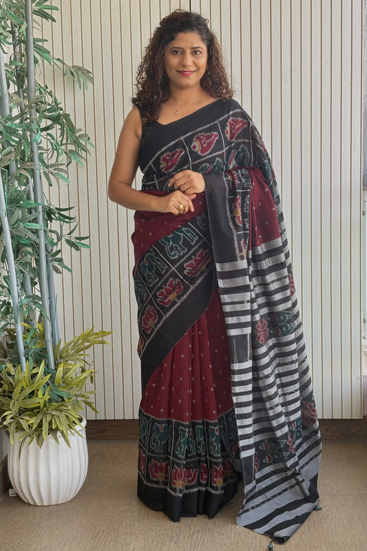 Exclusive Odisha Ikkat Khandua Cotton Saree -Maroon