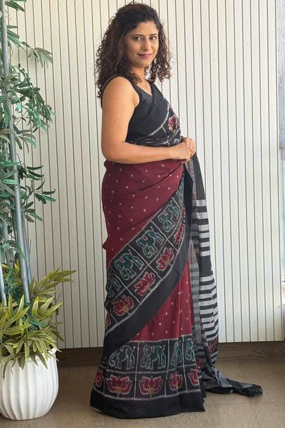 Exclusive Odisha Ikkat Khandua Cotton Saree -Maroon
