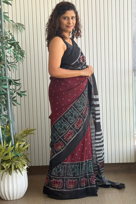Exclusive Odisha Ikkat Khandua Cotton Saree -Maroon