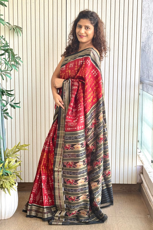 Odisha Ikkat Khandua Pure Silk Saree- Deep Red