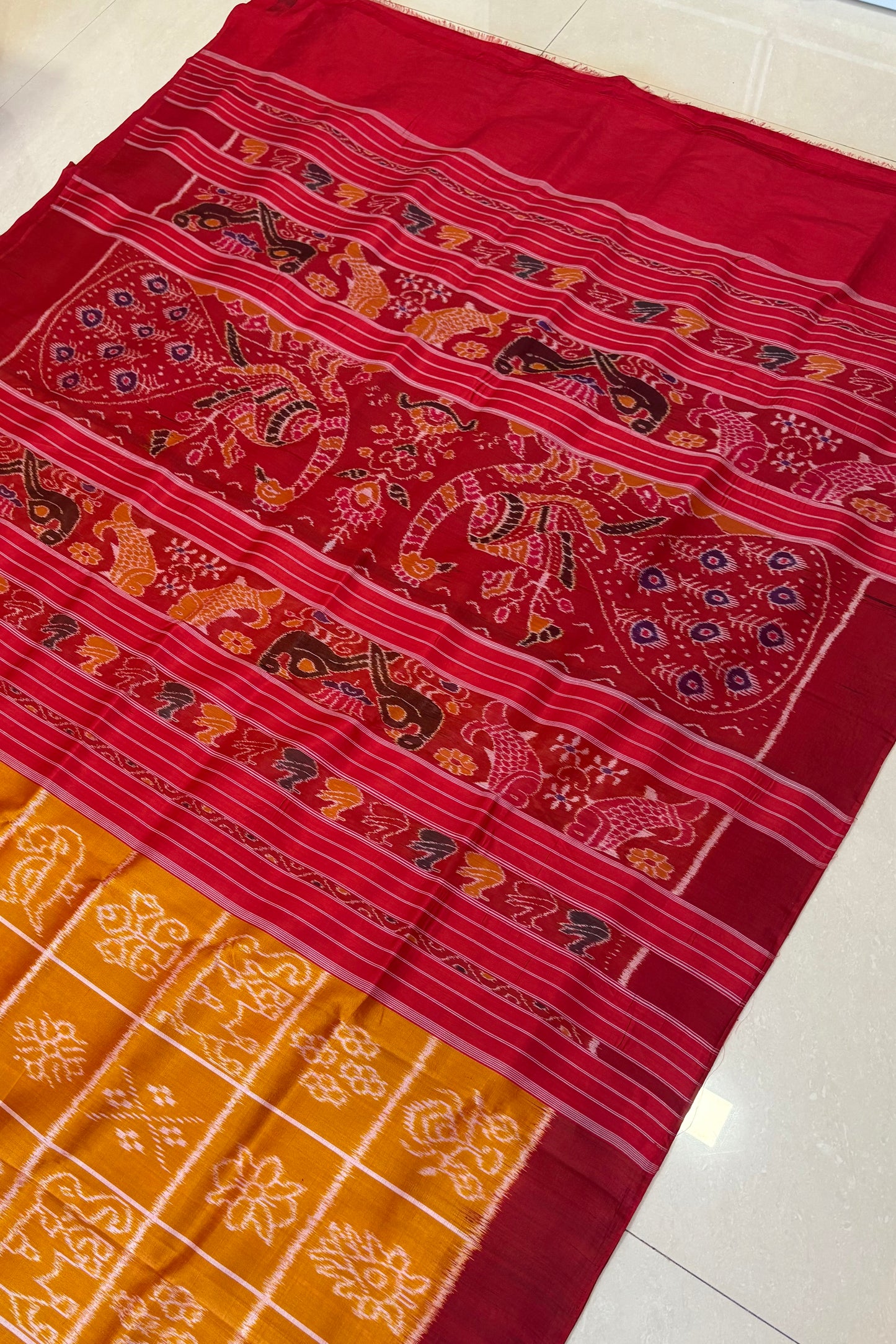 Exclusive Odisha Ikkat Nabakothi Pure Silk Saree- Dual tone Yellow
