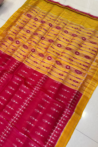 Odisha Ikkat Khandua Pure Silk Saree- Dual Tone Carrot Red