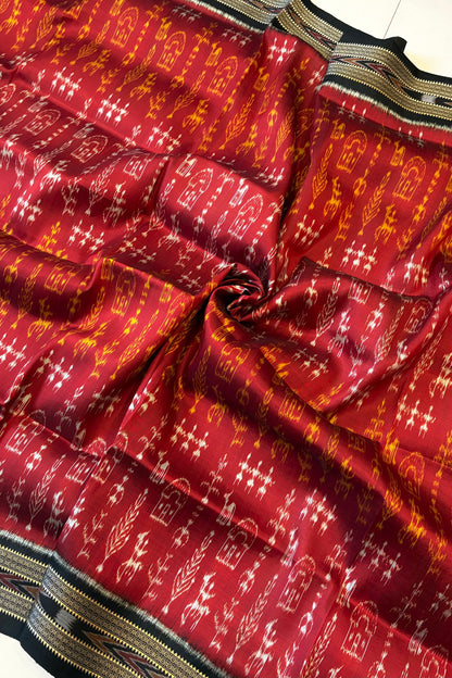 Odisha Ikkat Khandua Pure Silk Saree- Deep Red