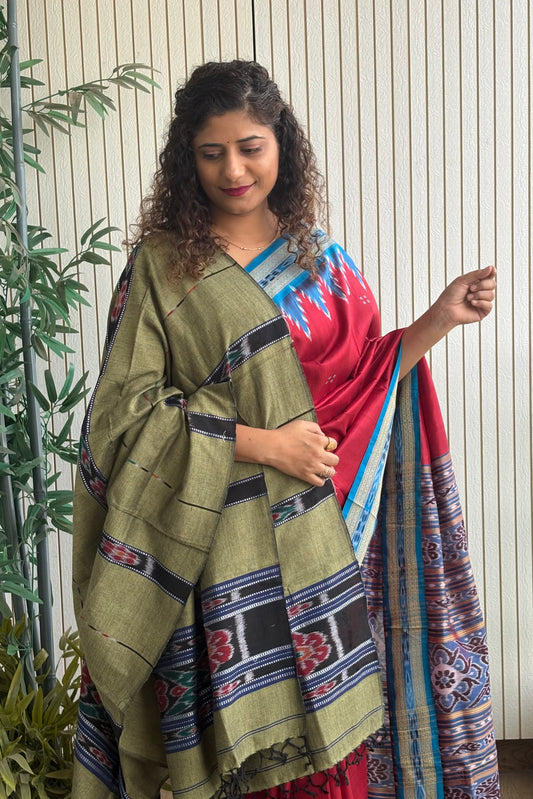 Odisha Ikkat Pure Cotton Stole-Olive Green