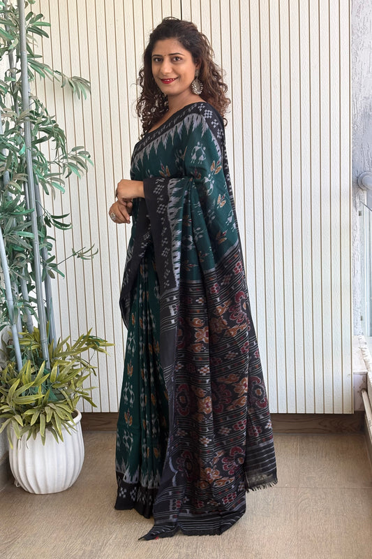 Odisha Ikkat Khandua Cotton Saree- Rama Green and Black