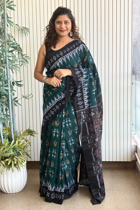 Odisha Ikkat Khandua Cotton Saree- Rama Green and Black