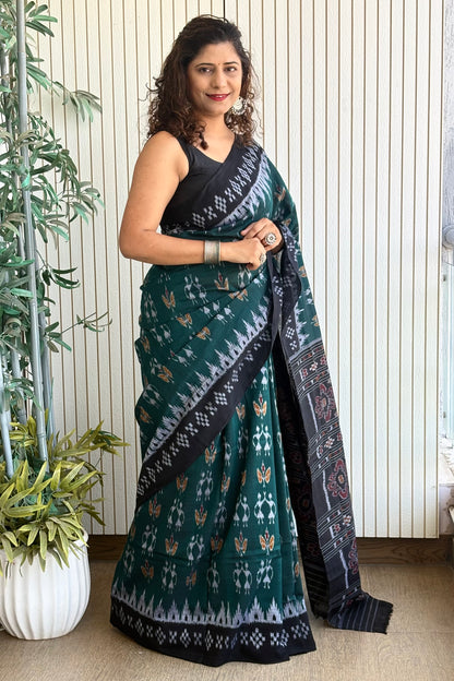 Odisha Ikkat Khandua Cotton Saree- Rama Green and Black