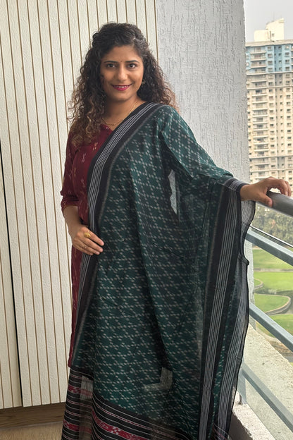 Exclusive Odisha Ikkat Pure Cotton Dupatta-Rama Green