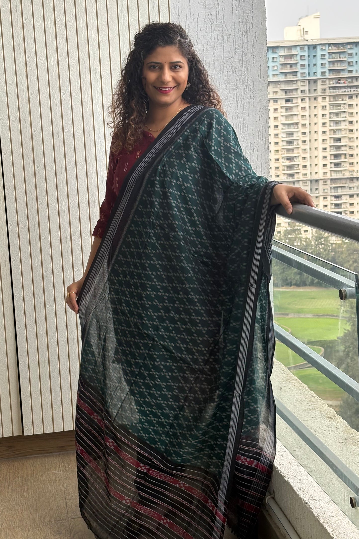 Exclusive Odisha Ikkat Pure Cotton Dupatta-Rama Green